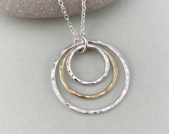 Hammered Sterling Silver and 9ct Yellow Gold Triple Circle Necklace, Hallmarked Gold and Silver Circle Pendant