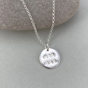 Sterling Silver Aquarius Star Sign Necklace, Silver Zodiac Pendant, Polished Silver Disc Aquarius Charm, Personalised Necklace