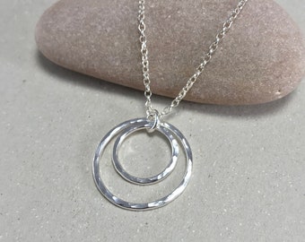 Hammered Sterling Silver Double Circle Necklace, Textured British Silver Pendant, Contemporary Minimalist Circle Pendant