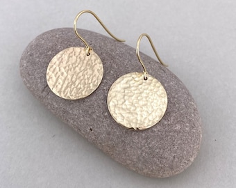 Hammered 9ct Gold Disc Dangle Earrings, Textured Recycled 9ct Gold Circle Drop Earrings, Hallmarked Gold Earrings