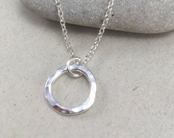 Hammered Sterling Silver Circle Necklace, Minimalist Silver Circle Pendant, Round Necklace on Chain