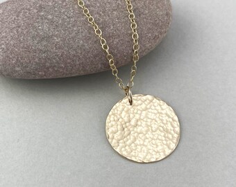 Large Solid Hammered 9ct Gold Minimalist Circular Disc Necklace, Recycled Gold Pendant, Sustainable Jewellery