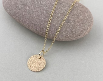 Mini Solid Textured 9ct Gold Minimalist Circular Hammered Disc Necklace, Recycled Gold Sequin Pendant