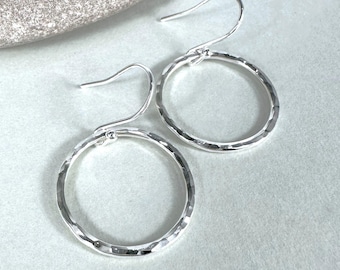Hammered Sterling Silver Hoop Earrings, Handmade Dangle Circle Discs