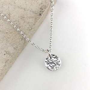 Minimalist Mini Hammered Sterling Silver Circular Disc Necklace