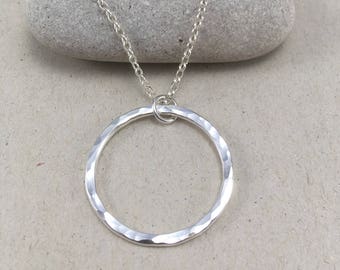 Large Hammered Sterling Silver Circle Necklace, Hammered Silver Circle Pendant, Simple Necklace, Hammered Circle Jewellery