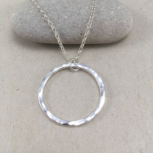 Large Hammered Sterling Silver Circle Necklace, Hammered Silver Circle Pendant, Simple Necklace, Hammered Circle Jewellery
