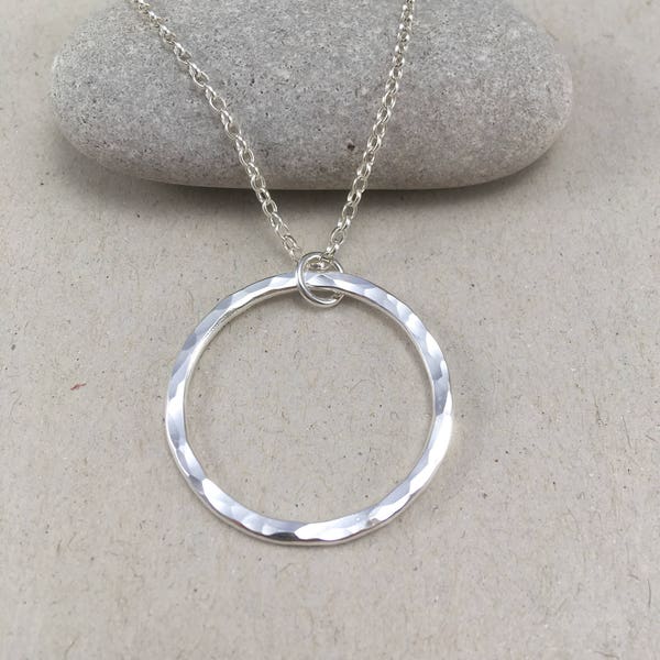 Large Hammered Sterling Silver Circle Necklace, Hammered Silver Circle Pendant, Simple Necklace, Hammered Circle Jewellery