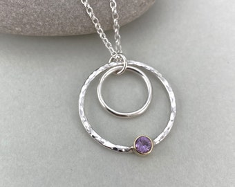 Pink Madagascan Sapphire, Sterling Silver and 18ct Gold Circle Necklace, September Birthstone