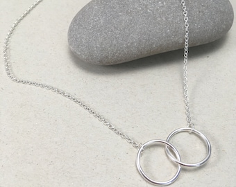 Sterling Silver Interlocking Double Circle Necklace, British Silver Pendant, Handmade Silver Circle Necklace