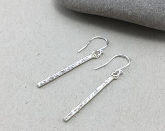 Hammered Sterling Silver Dangle Earrings, Hammered Silver Bar Earrings, Handmade Silver Drop Earrings, Silver Stick Earrings, Long Earrings