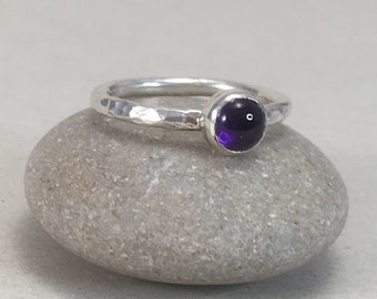 Hammered Amethyst Stacking Ring, 2mm Silver Stacking Ring, Hammered Silver Stacker Ring, UK Silver ring, Amethyst Ring, February Birthstone