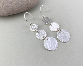 Hammered Sterling Silver Triple Circle Dangle Earrings, Hammered Silver Drop Earrings, Handmade Silver Earrings, Silver Dangle Earrings