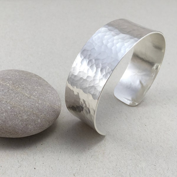 2 cm Wide Hammered Sterling Silver Cuff, Chunky Silver Arm Cuff, Textured Bangle Bracelet