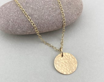 Small Solid Hammered 9ct Gold Minimalist Circular Disc Necklace, Recycled Gold Pendant, Sustainable Jewellery