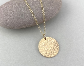 Medium Solid Hammered 9ct Gold Minimalist Circular Disc Necklace, Recycled Gold Pendant, Sustainable Jewellery
