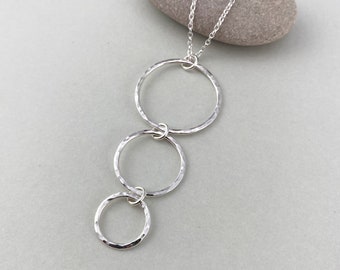 Hammered Sterling Silver Triple Circle Necklace, Handmade Silver Trilogy Pendant
