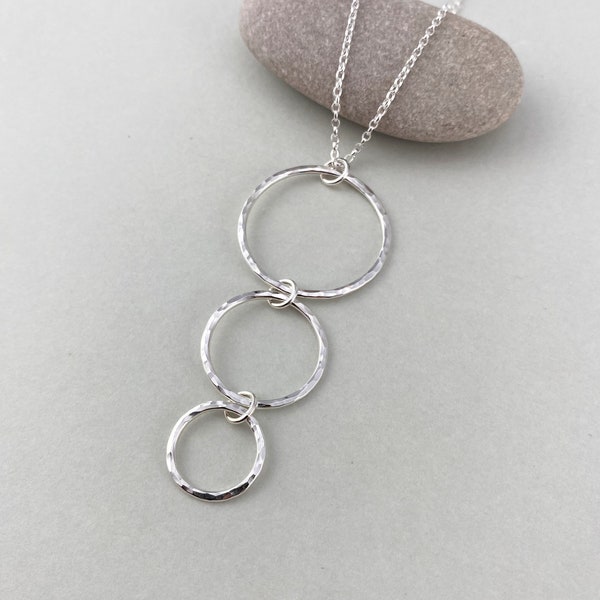 Hammered Sterling Silver Triple Circle Necklace, Handmade Silver Trilogy Pendant