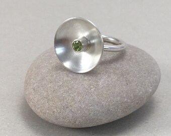 Silver and Peridot Statement Dome Ring, Handmade Peridot Silver Dress Ring, UK Silver Ring, Cocktail Ring, Matte Silver Dome Ring, Satin