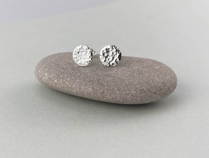 Sterling Silver Stud Earrings, Hammered Silver Stud Earrings, 8mm Hammered Silver Round Earrings, Mini Silver Disc Earrings, image 4