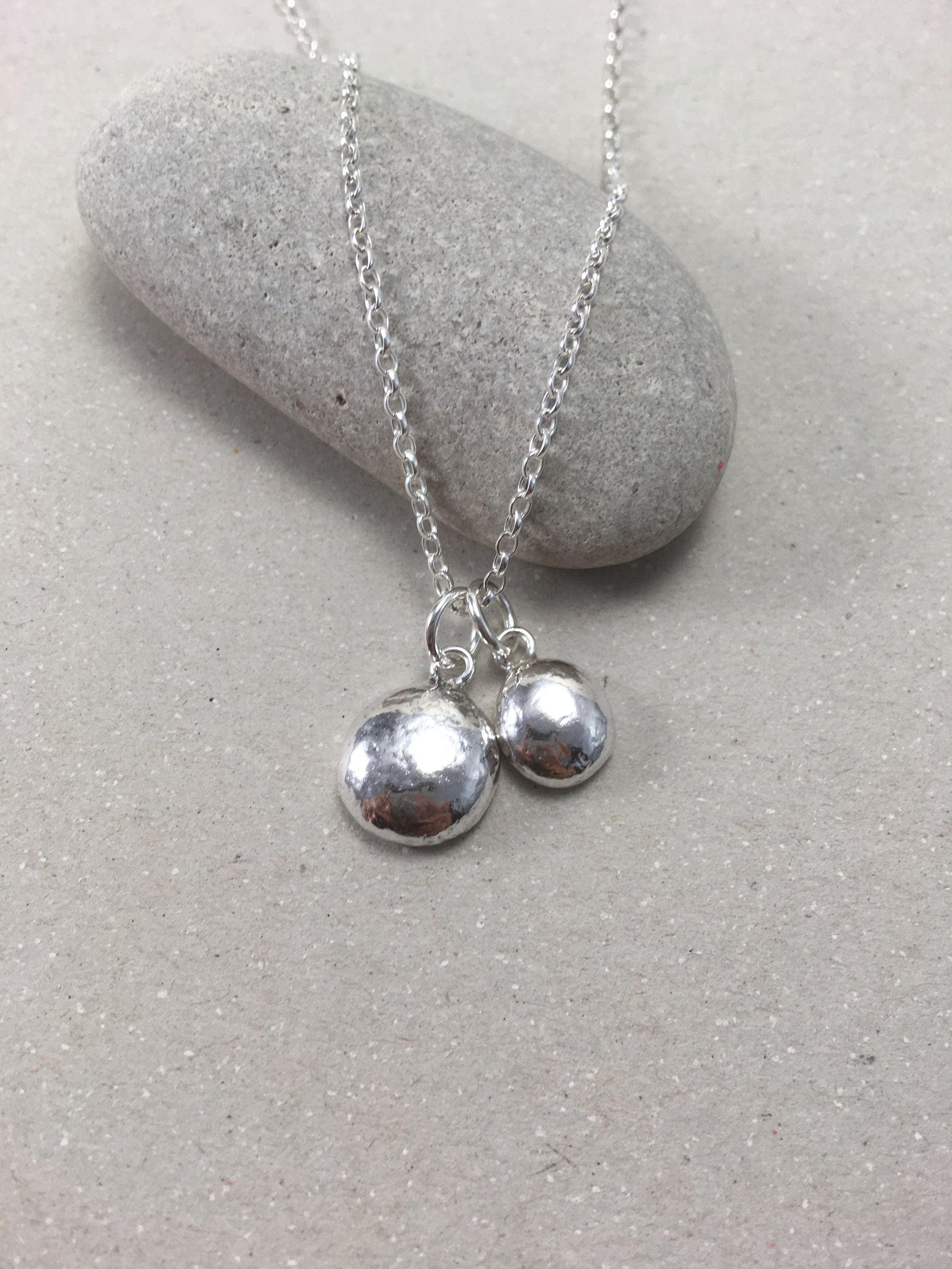 Organic Recycled Sterling Silver Double Pebble Necklace, Minimalist ...