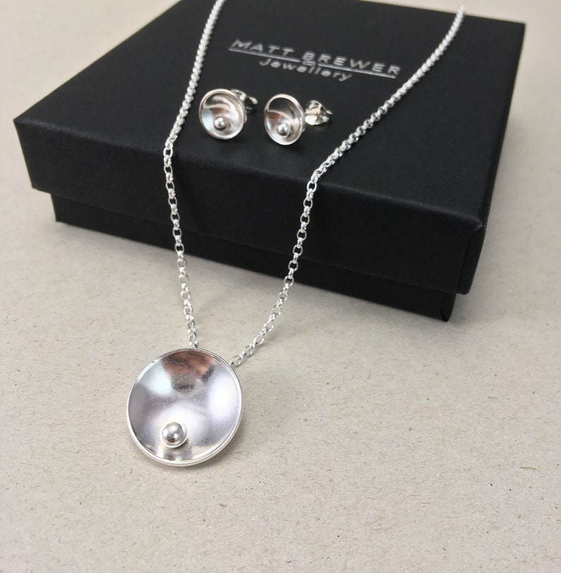 Silver Jewellery Gift Set Silver Necklace and Studs Silver Circle and Pebble Necklace Sterling Silver Dome Necklace /& Earring Set