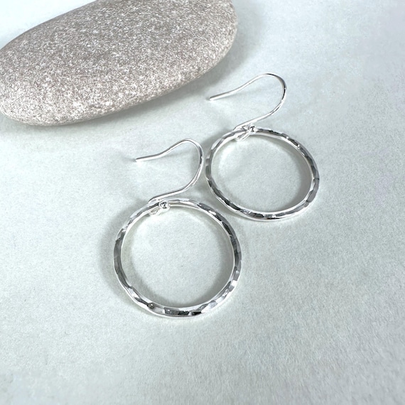 Hammered Sterling Silver Hoop Dangle Earrings, Hammered Circle