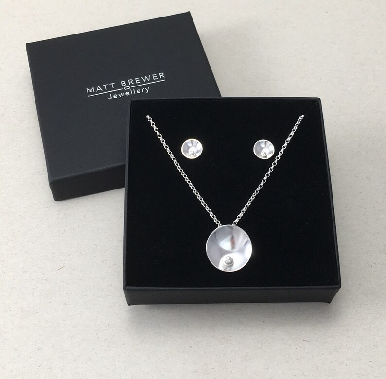 Silver Jewellery Gift Set Silver Necklace and Studs Silver Circle and Pebble Necklace Sterling Silver Dome Necklace /& Earring Set