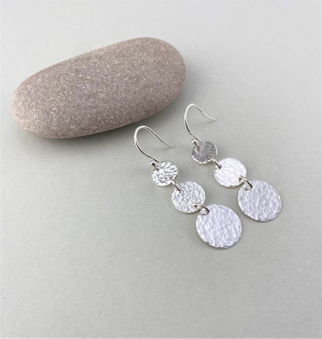 Hammered Sterling Silver Triple Circle Dangle Earrings, Hammered
