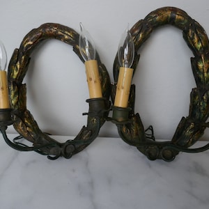 Pair Antique Hand Carved Wreath Sconces
