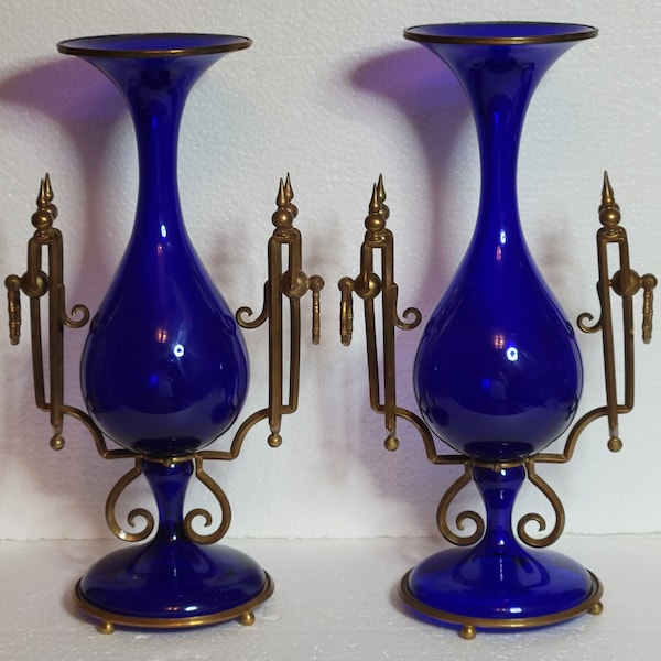 Pair of Antique Cobalt Glass Vases with Brass Garniture