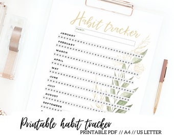 Printable yearly habit tracker, gold planner and flower tracker, goal planner and vitamins tracker, printable habit log daily tracker