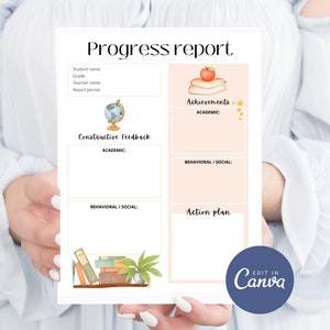 Informe de progreso del estudiante, plantilla de Canva imprimible, plantilla editable para docentes