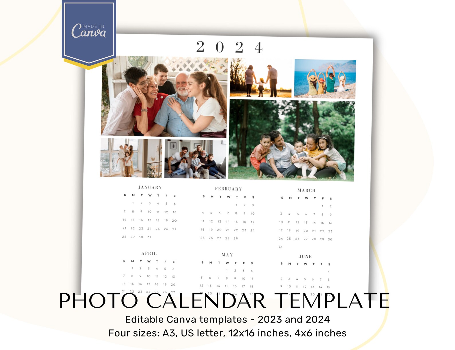 Family Photo Calendar 2024, Canva Template Editable Minimalist Calendar