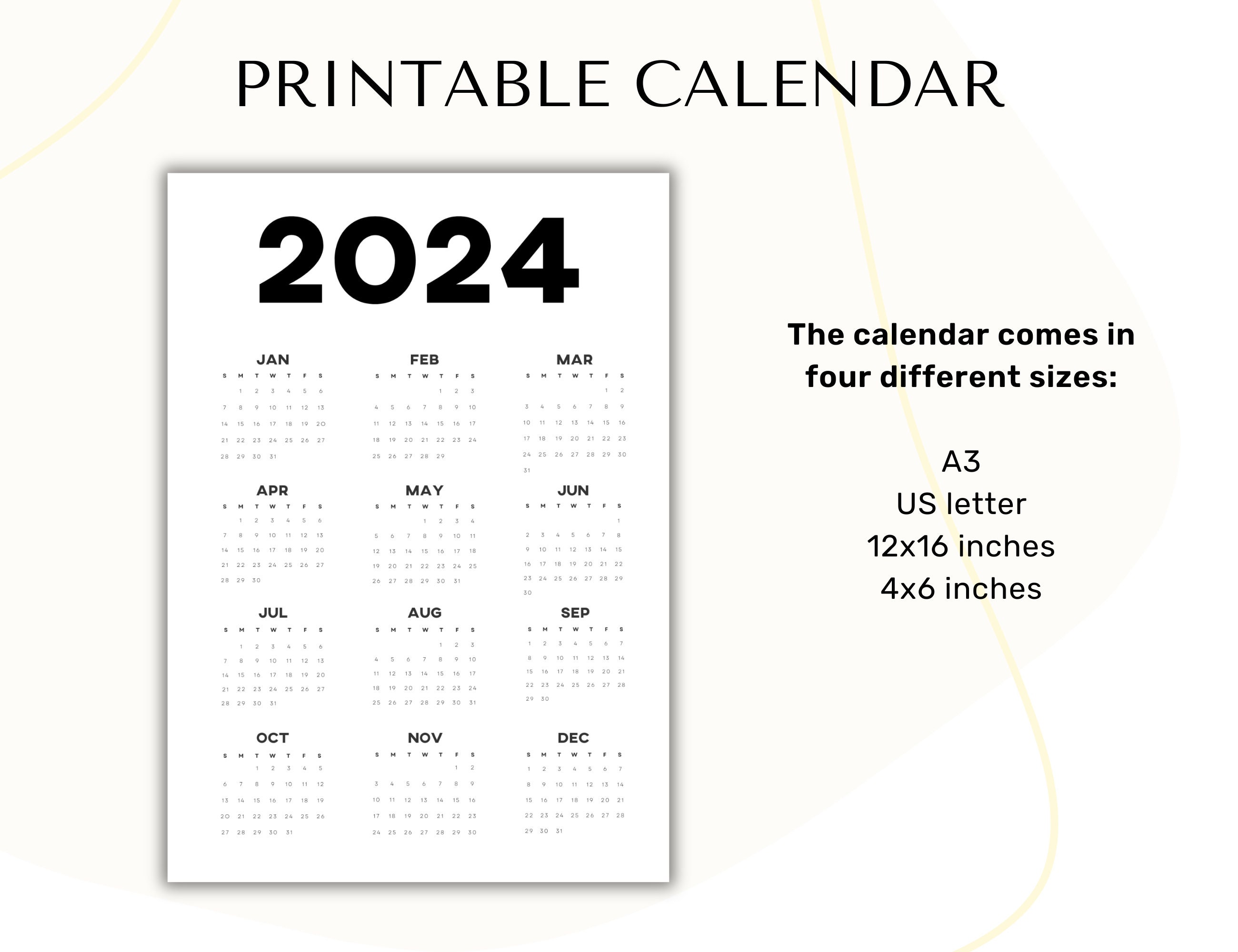 Minimalist Calendar Printable Large Wall Calendar 2024, Year at a ...