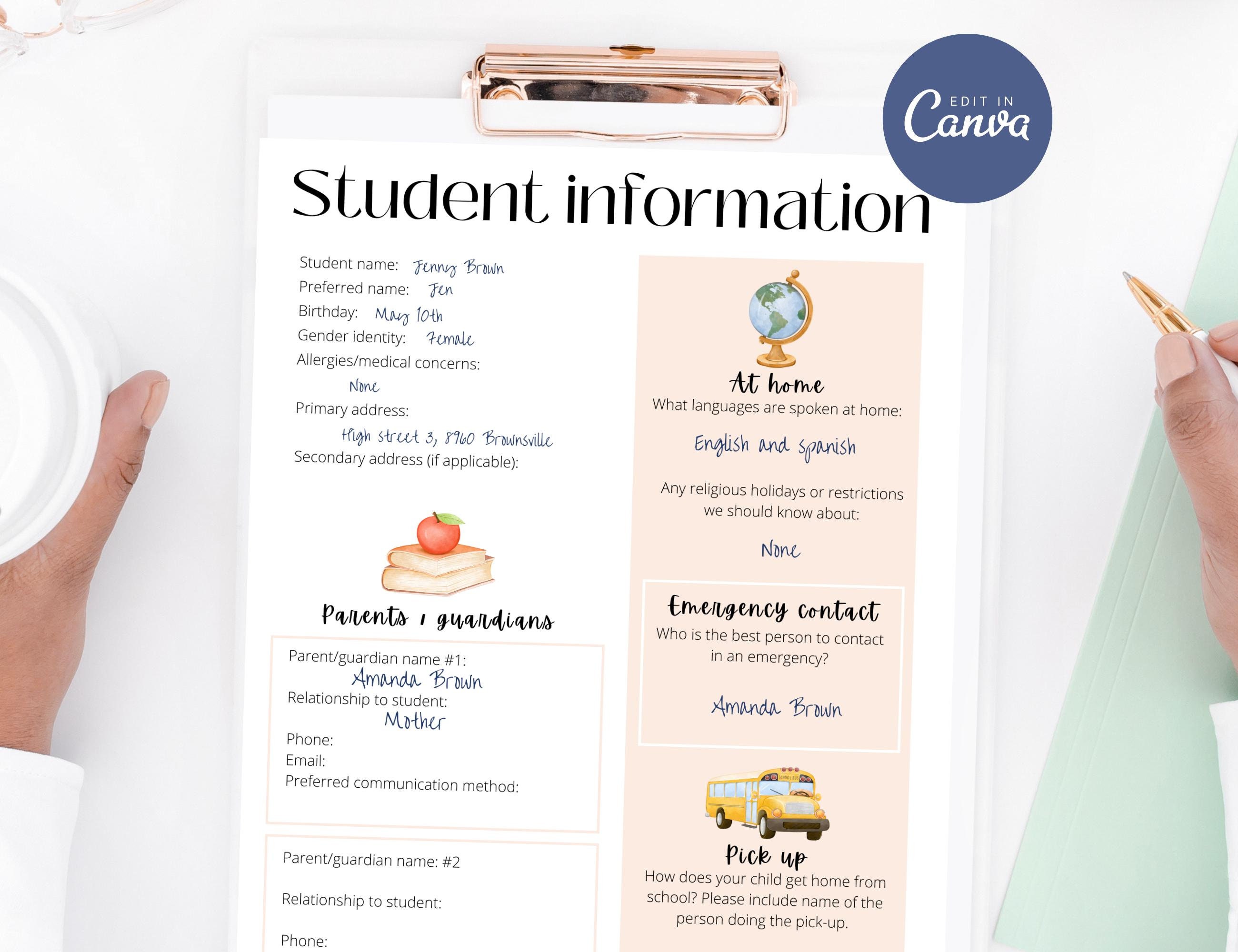 Student Information Sheet Canva Template Teacher Printable - Etsy