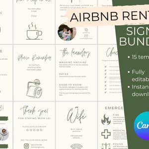 Szablony znaków Airbnb edytowalne w Canva dla wynajmu domów, pakietów gospodarzy Airbnb, listy zakupów, znaków hasła Wi-Fi