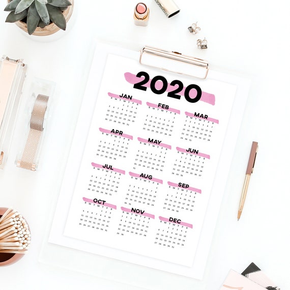 Pink Printable Calendar 2020 Wall Calendar Year At A Glance Etsy