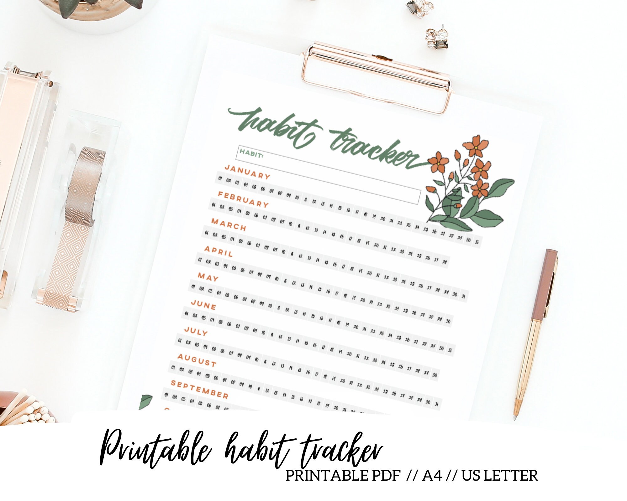 Printable Yearly Habit Tracker, Spring Planner and Flower Tracker, Goal ...