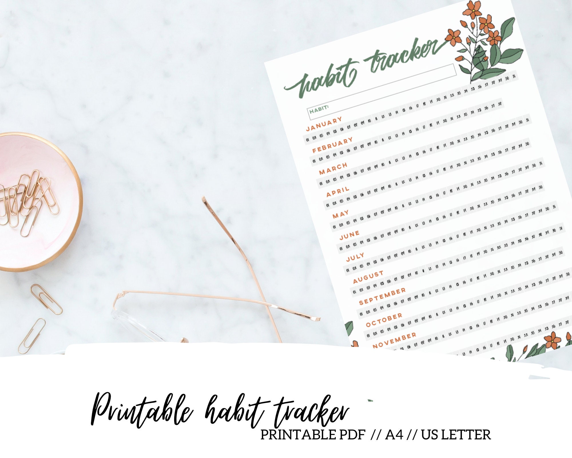 Printable Yearly Habit Tracker, Spring Planner and Flower Tracker, Goal ...