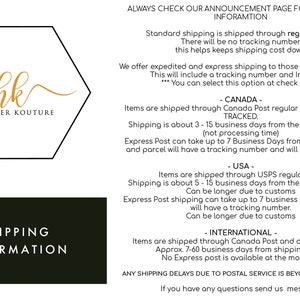 May include: A graphic with the text "SHIPPING INFORMATION" in white on a black background. The image also includes the logo "hk HUNTER KOUTURE" in gold, and details about shipping times and methods.