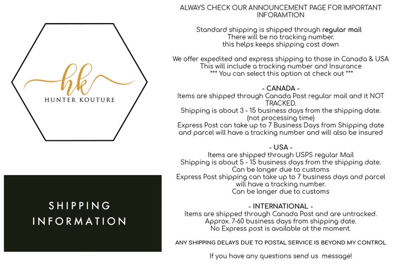 May include: A graphic with the text "SHIPPING INFORMATION" in white on a black background. The image also includes the logo "hk HUNTER KOUTURE" in gold, and details about shipping times and methods.