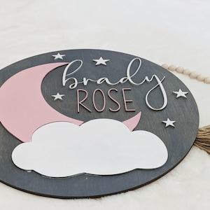 Moon and Stars Wooden Name Sign, Cloud Star and Moon Nursery Decor, Twinkle Twinkle Little Star Nursery Wall Decor, Circle Nursey Name Sign