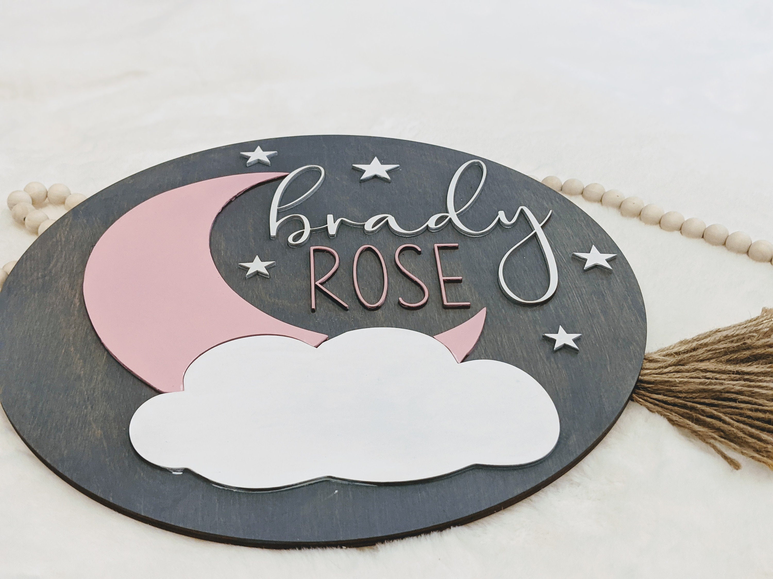 luna estrellas madera con nombre Inicial mas nombre decoracion bebe  personalizado silueta corte laser pintado a mano