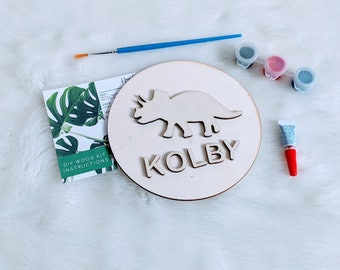 Personalised Childrens Door Wall Sign, Wooden Dinosaur Name Sign, Nursery Door Hanger, Bedroom Signs for Kids, Kids Paint Party Activity