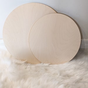 May include: Two unfinished wooden circles, one larger than the other, on a white fluffy surface.