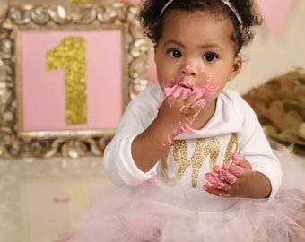 One Cake Smash personnalisé, premier anniversaire de fille, tenue d'anniversaire de fille, premier anniversaire, paillettes d'or, une chemise, bébé glam, tenue d'anniversaire