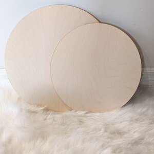May include: Two unfinished wooden circles, one larger than the other, on a white fluffy surface.