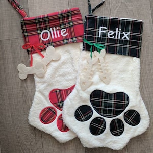 Dog Christmas Stocking - Monogrammed, Plaid Dog Stocking, Flannel Dog Bone Stocking, Fur Dog Stocking, Pet Stockings, Pet Christmas Stocking