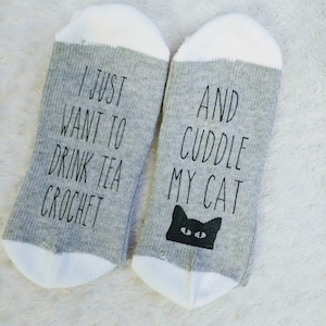 crochet/cuddle my cat/ Crazy Cat Lady/novelty socks/cat lover/crochet lover/tea lover/gifts for her/funny gifts/socks/neighbor gifts/wine
